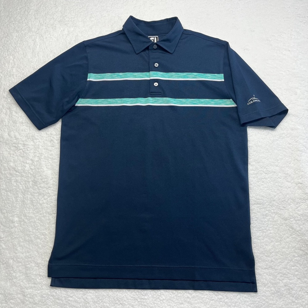 FootJoy Polo Shirt Men Large Athletic Fit‎ Navy Turquoise Colonial Logo